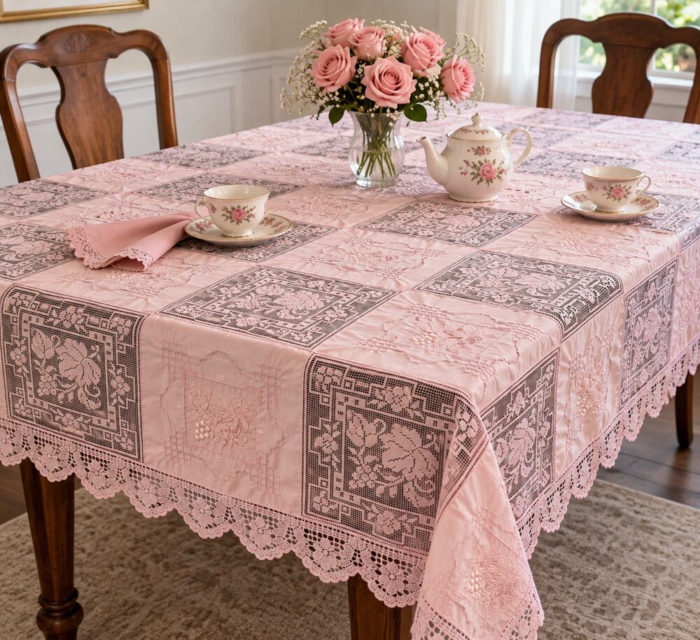 Vintage Hand Dyed Pink Lace Tablecloth Tea Party Girly Valentine Romantic 62x84